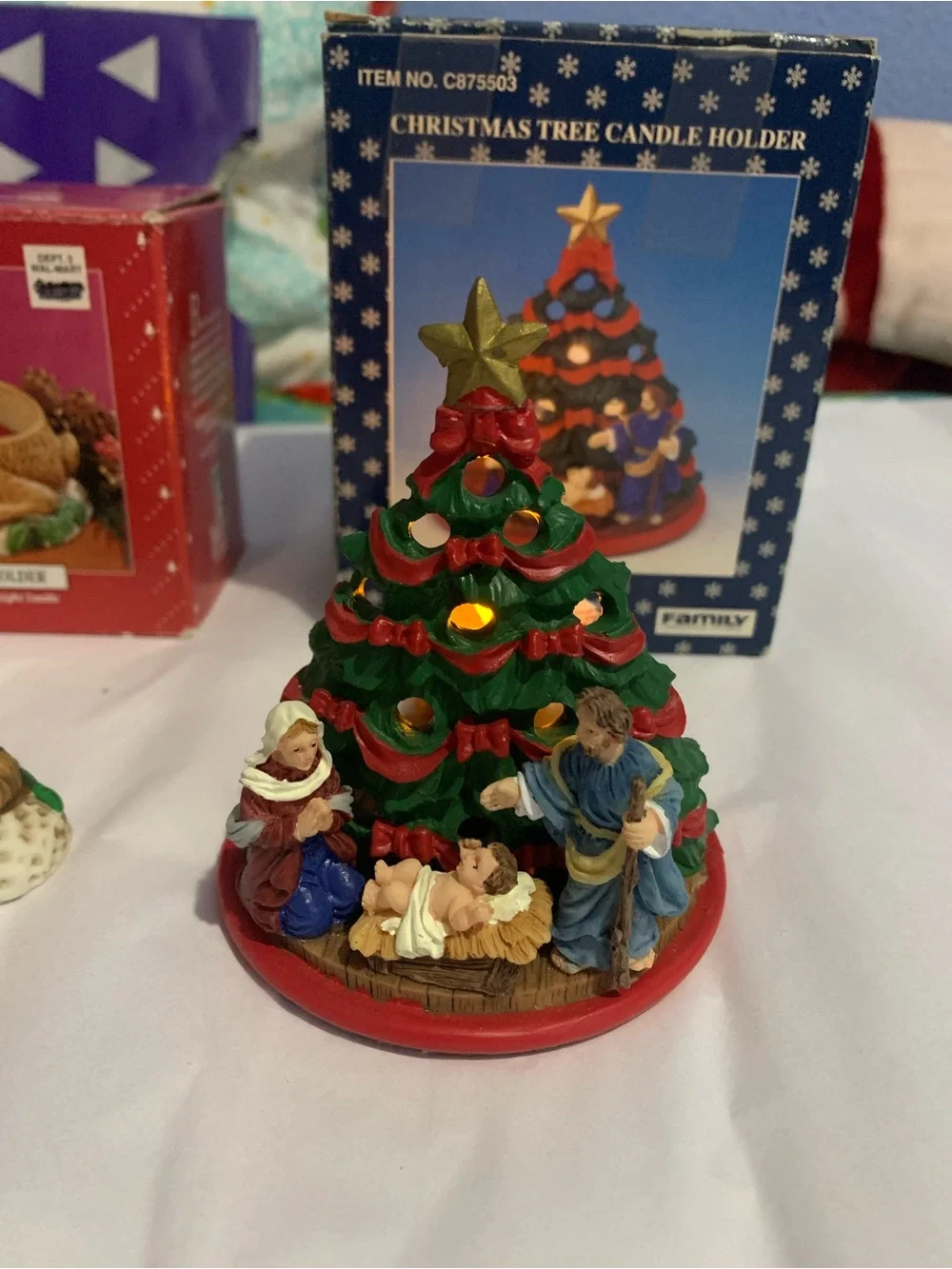Two Ceramic Christmas Tea Lite Candleholders Deer Tree Nativity